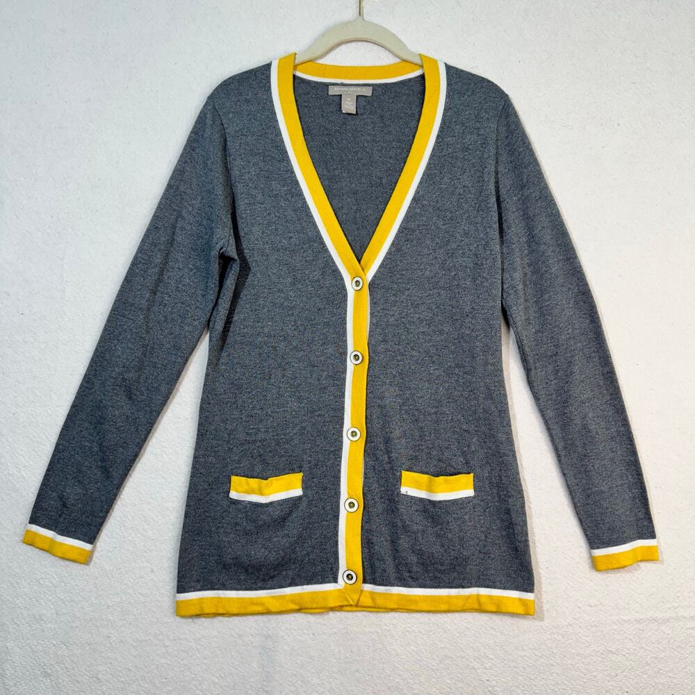 Banana Republic Academia Varsity Gray & Yellow Trim Cardigan Sweater Size Medium